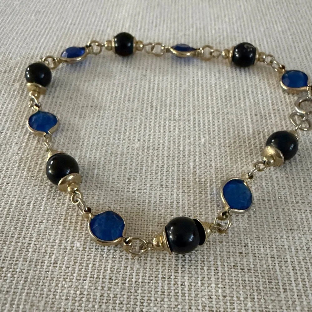 Gold-Tone Blue and Black Beaded Bracelet